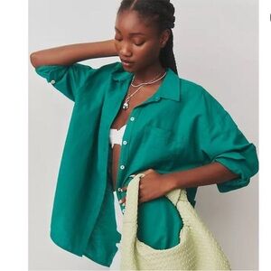 Anthropologie Maeve The Bennett Button Down Linen Blend Oversized Oxford Shirt M